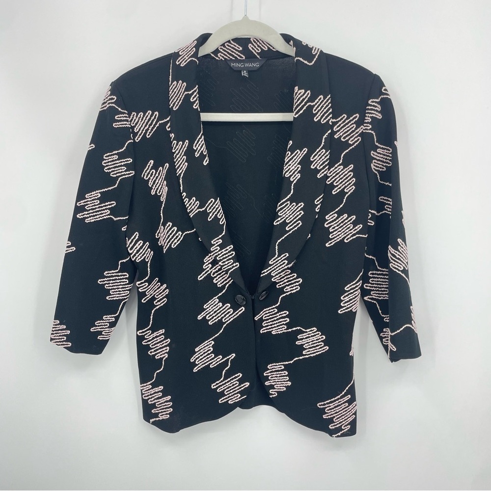 MING WANG embroidered knit blazer jacket black pink Sz S‎